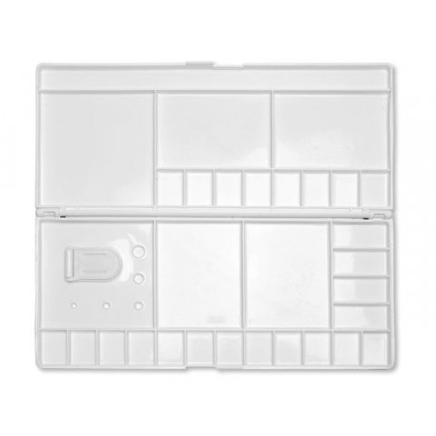 Closable palette with lid and thumb hole, plastic rectangular, 300 x 135 x 22 mm, 29 wells + brush s