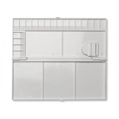 Closable palette with lid and thumb hole, plastic rectangular, 250 x 113 x 17 mm, 19 wells