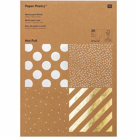 Motif paper block, hot foil, kraft paper 210 x 295 mm, 20 sheets, 270 g/m², strip