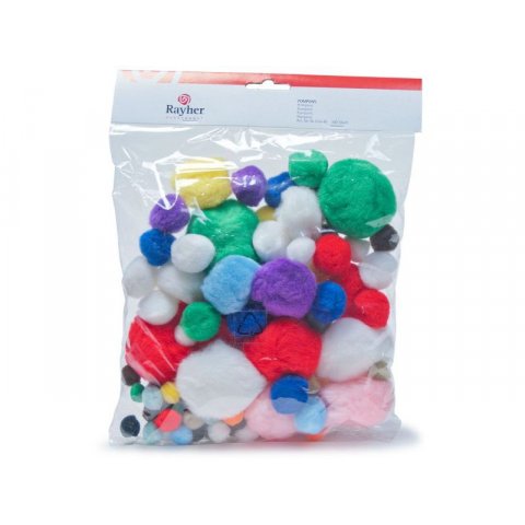 Pompons mixed sizes, 100 pieces, coloured