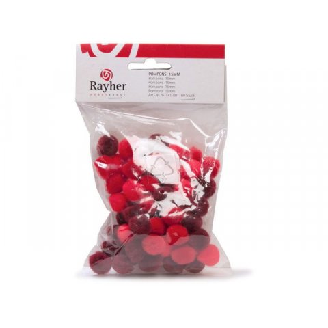 Pompons ø 15 mm, 60 pieces, red assorted