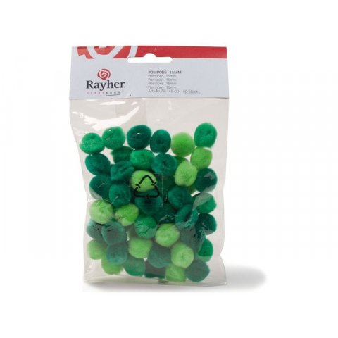 Pompons ø 15 mm, 60 pieces, green assorted