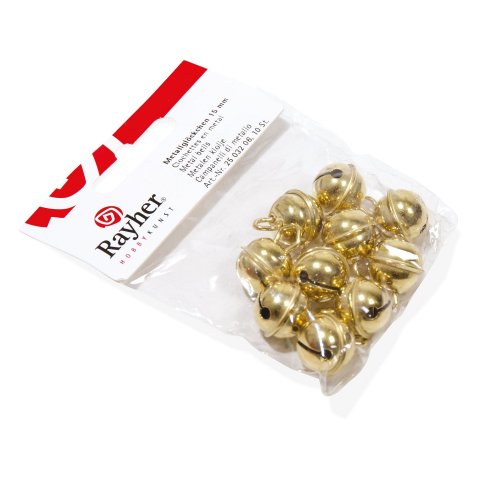 Metal bell with eyelet hanger ø 15 mm, ball-shaped, 10 pieces, gold