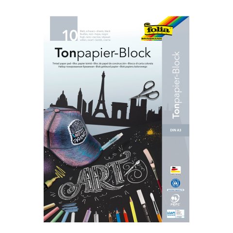 Bloc de manualidades, papel de dibujo, de color 130 g/m², A3 297 x 420 mm, negro, 10 hojas