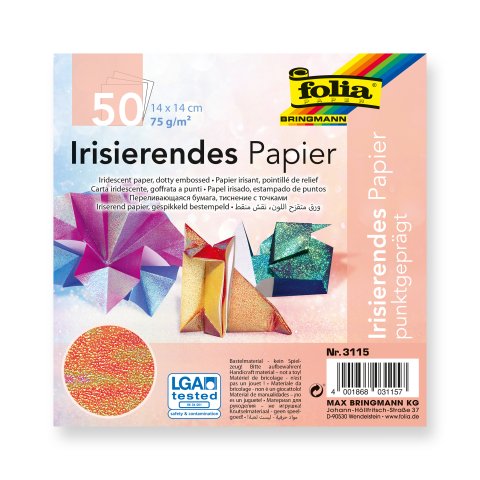 Fogli pieghevoli per origami, un lato stampato 75 g/m², 14 x 14 cm, 50 fogli, iris. Goffratura a punti
