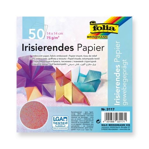 Fogli pieghevoli per origami, un lato stampato 75 g/m², 14 x 14 cm, 50 fogli, iris. Goffratura del tessuto