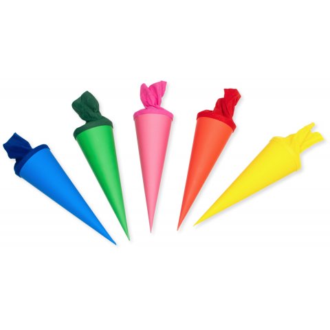 Coni di cartoncino per la scuola, con chiusura h = 35 cm, ø circa 11 cm, colorato con chiusura in feltro