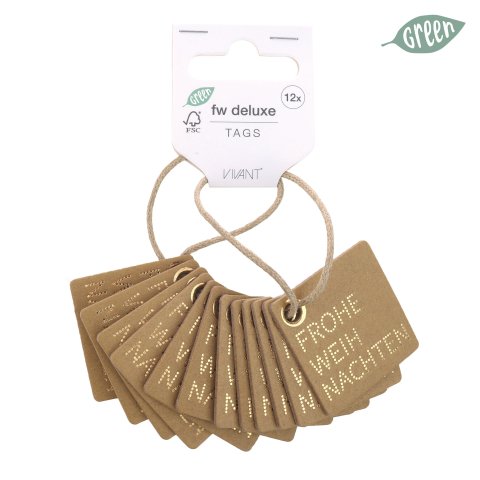Gift tag natural cardboard Merry Christmas 40 x 40 mm, perforated, 12 pieces, gold printed