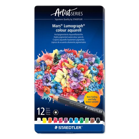 Staedtler Farbstift Mars Lumograph Aquarell, Set 12 Stifte im Metalletui, farbig sortiert