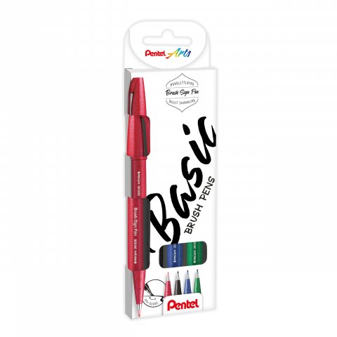Pentel Sign Pen Brush, 4er-Set Basic Set, schwarz, rot, blau, grün