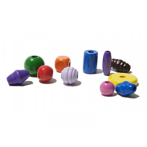 Wooden beads, mixed shapes and colours ø 6.0-25.0 x 2.0-6.0 500g, standard colours glossy