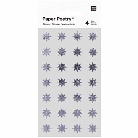 Pegatina Papel Poesía Estrellas de ocho puntas, 12 mm, plateado (64), 112 piezas