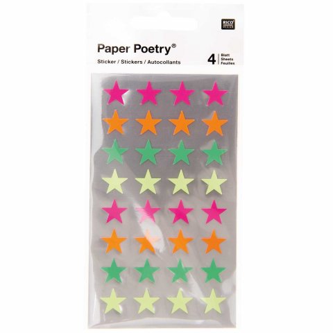 Pegatina Papel Poesía Estrellas Ø 18 mm, de cinco puntas, de colores, 128 piezas, neón