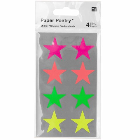 Paper Poetry Sticker, stars Ø 25 mm, five-pointed, colorful, 24 pieces, neon