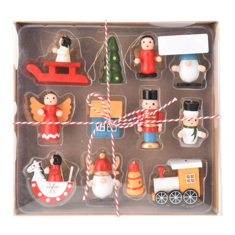 Colgantes navideños de madera 12 figuras, con suspensión de cuerda, de colores