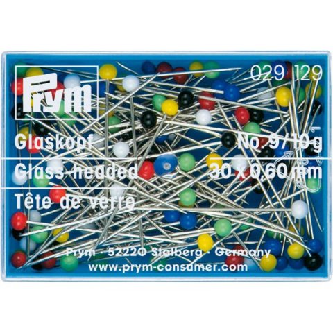 Prym glass-headed pins, coloured, hardened steel coloured, 30 x 0.60mm, 10g in plastic box (029129)