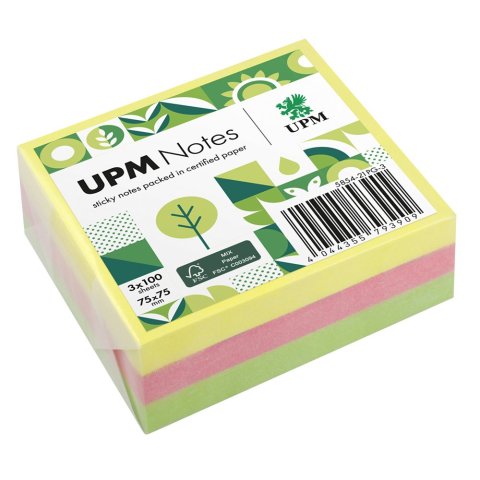 Haftnotizen UPM Farbmix Neon, FSC 75 x 75 mm, 3 x 100 Blatt, gelb, pink, grün