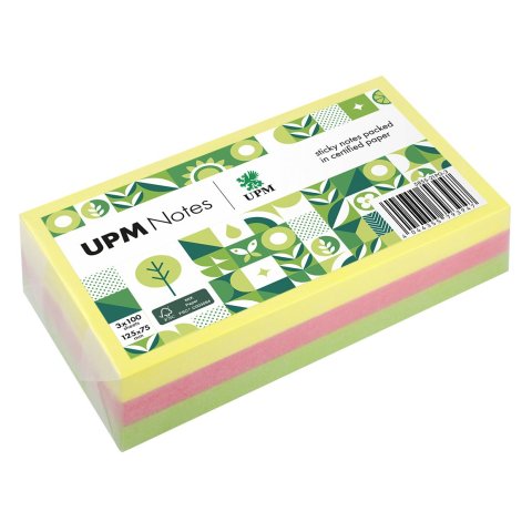 Sticky notes UPM mix di colori neon, FSC 125 x 75 mm, 3 x 100 fogli, giallo, rosa, verde