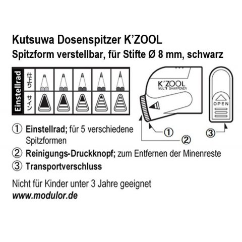 Kutsuwa can sharpener K`ZOOL Adjustable pointed shape, for pens ø 8 mm, black