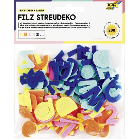 Filz Streudeko 200 Stück, fabig gemischt, Buchstaben und Zahlen