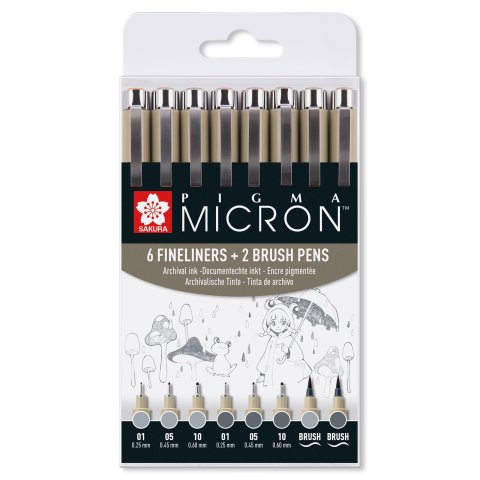 Sakura Fineliner Pigma Micron, set da 8 01, 05, 10, pennello-penna, grigio freddo chiaro + grigio freddo
