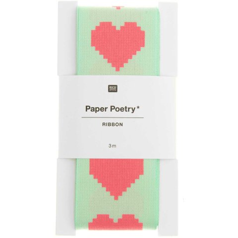 Gift ribbon neon patterned, w = 38 mm, l = 3 m, green/neon pink heart