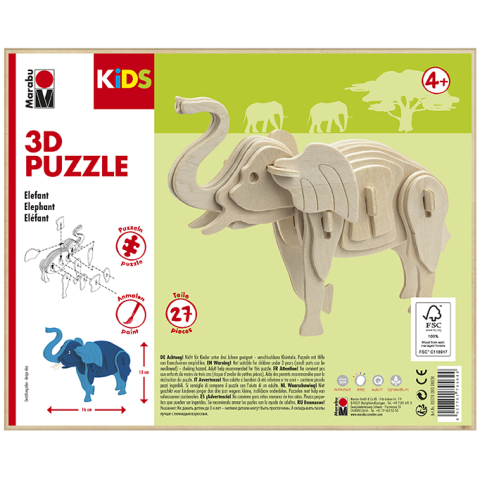 Kit de construcción de madera 3D Elefante, 16 x 13 cm, contrachapado, natural