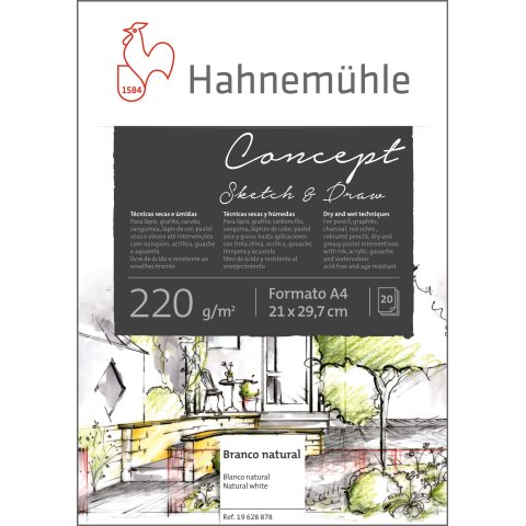Hahnemühle Tampón universal Concept, 220 g/m². blanco natural, 210 x 297 mm DIN A4, 20 hojas