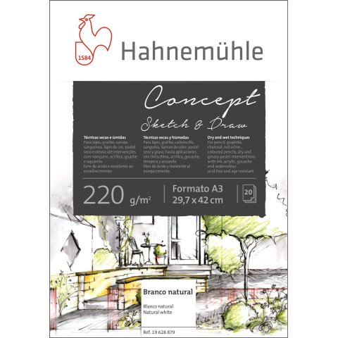 Hahnemühle Tampón universal Concept, 220 g/m². blanco natural, 297 x 420 mm DIN A3, 20 hojas