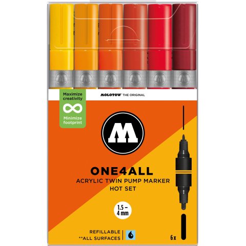 Molotow Lackmarker One4all Acryl Twin, 6er-Set Strichstärke 1,5/4 mm, Twin Hot, (851)