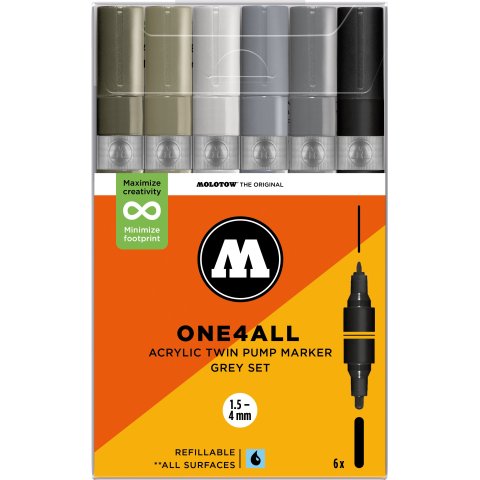 Marcador de pintura Molotow One4all acrílico Twin, set de 6 6 bolígrafos, Gris gemelo, (858)