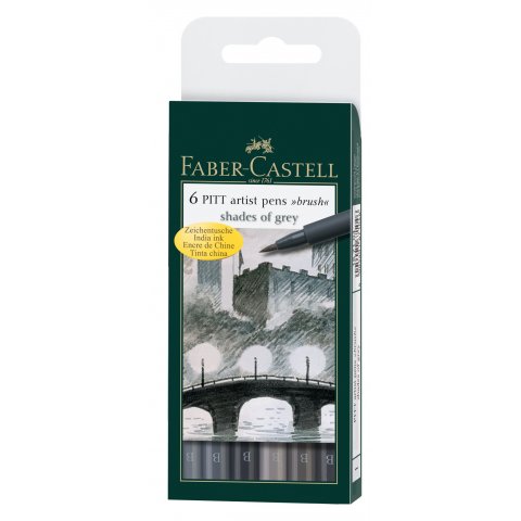 Faber-Castell Pitt artist pen, B, set of 6 set of 6 in soft plastic case, shades of grey