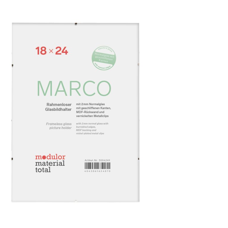 Marco frameless glass picture holder, 18 x 24 cm, 2 mm normal glass, MDF-rear pnl with c