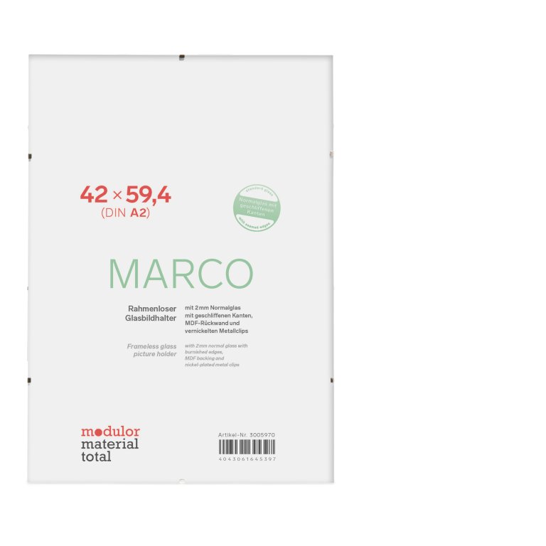 Marco frameless glass picture holder, 42 x 59,4 cm (DIN A2), 2 mm normal glass