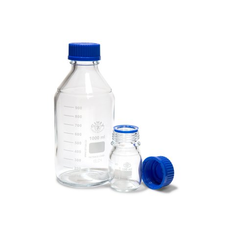 Laboratory bottle with blue screw top, graduated  250 ml, ø 70 mm, h = 143 mm