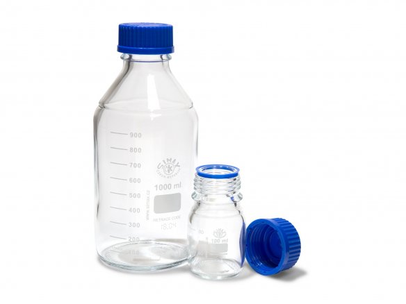 Laborflasche mit blauem Schraubverschl., graduiert