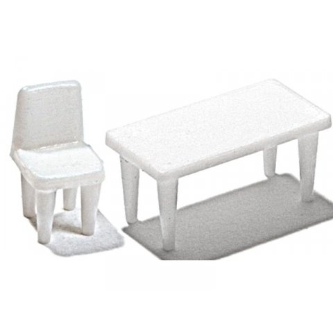 Juego de mesa y sillas blancas, 1:100 12 sillas, 5 mesas rectangulares (4 patas)