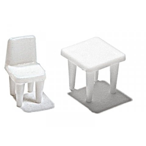 Tische und Stühle im Set, weiß, 1:100 12 Stühle, 5 quadratische Tische (4-beinig)