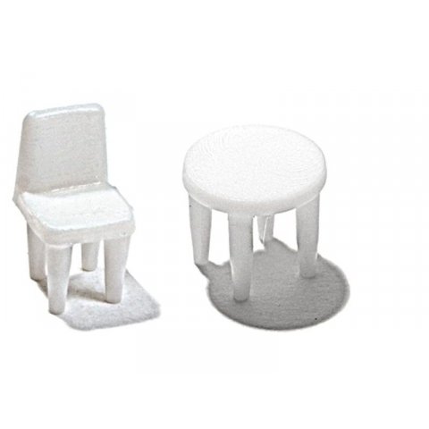 Tische und Stühle im Set, weiß, 1:100 12 Stühle, 5 runde Tische (4-beinig)