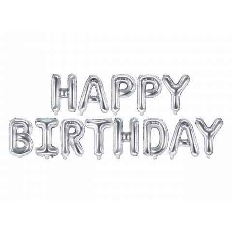 Letras de los globos de papel de aluminio plata, ''Feliz Cumpleaños''.