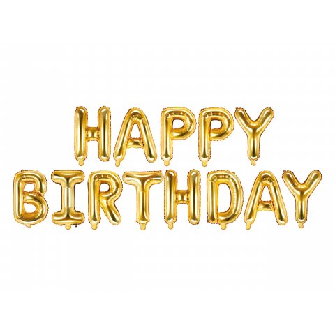 Folienballon Schriftzug h = 41cm, Happy Birthday, gold