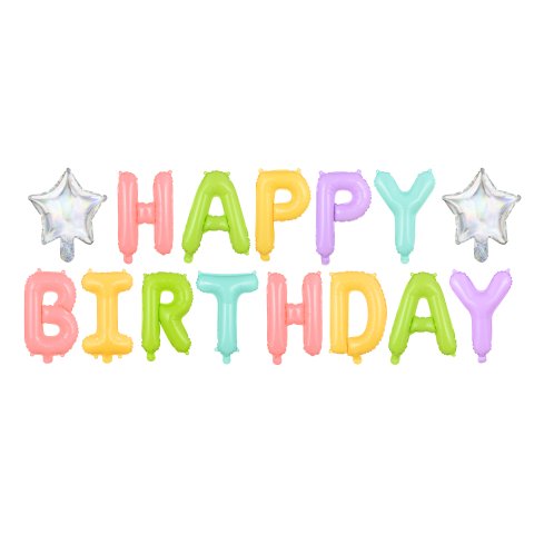 Foil balloon, lettering 340 x 35 cm, Happy Birthday, pastel