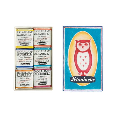 Schmincke Aquarellfarbe Horadam, Set 6 Stück in Streichholzschachtel, 1/2 Näpfe (74671)