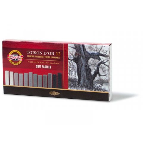 Pastellkreide Toison d´Or Soft Pastels cardboard box with 12 chalks, grey tones