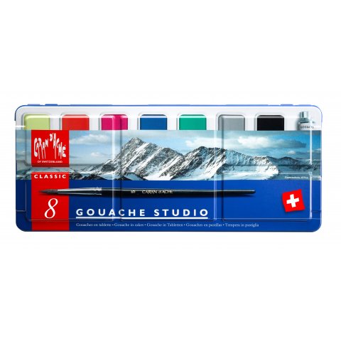 Caran d'Ache Gouache Colour Studio, set de tabletas Set, 7 pastillas de color + 1 tubo blanco opaco, 1 pincel