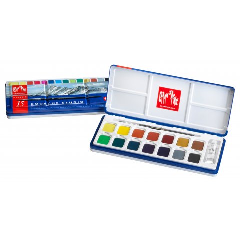 Caran d'Ache Gouache Colour Studio, set de tabletas Set, 14 pastillas de color + 1 tubo blanco opaco, 1 pincel