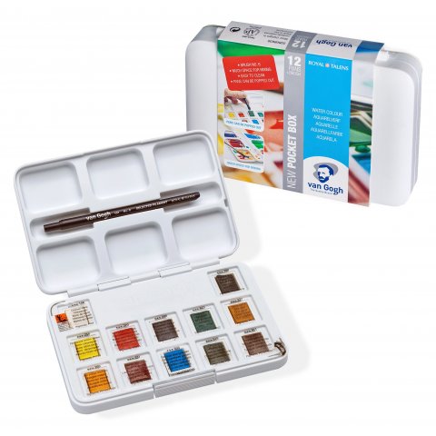 Royal Talens Aquarellfarbe Van Gogh Pocketbox Set 12 x 1/2 Napf + 1 Pinsel, Basic Colours