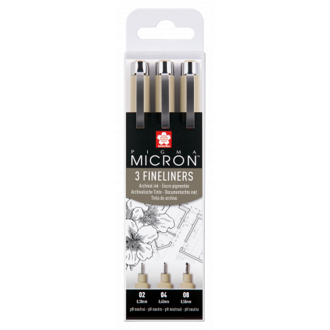 Sakura Fineliner Pigma Micron, 3er-Set Stift, 02, 04, 08, schwarz