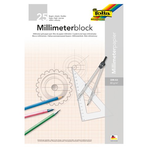 Bloc de papel milimetrado 25 hojas, DIN A4, 210 x 297 mm, 80 g/m².