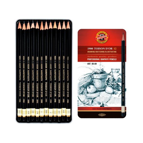 Koh-i-Noor Toison d'Or 1900 graphite pencil, set Art Set 1902, 12 pencils in metal case, 8B-8H